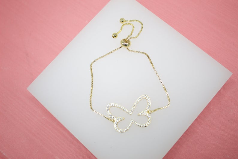 18K Gold Filled Butterfly Adjustable Bracelet With Clear CZ Stones (I378)