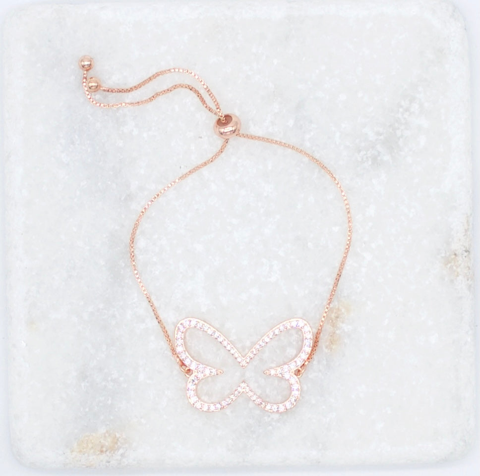 18K Gold Filled Butterfly Adjustable Bracelet With Clear CZ Stones (I378)